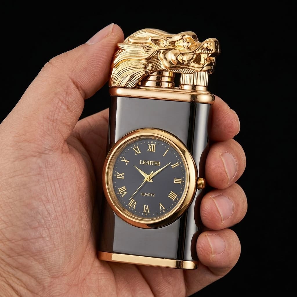 Three in one double flame lighter with quartz watch, photo 1 of 4