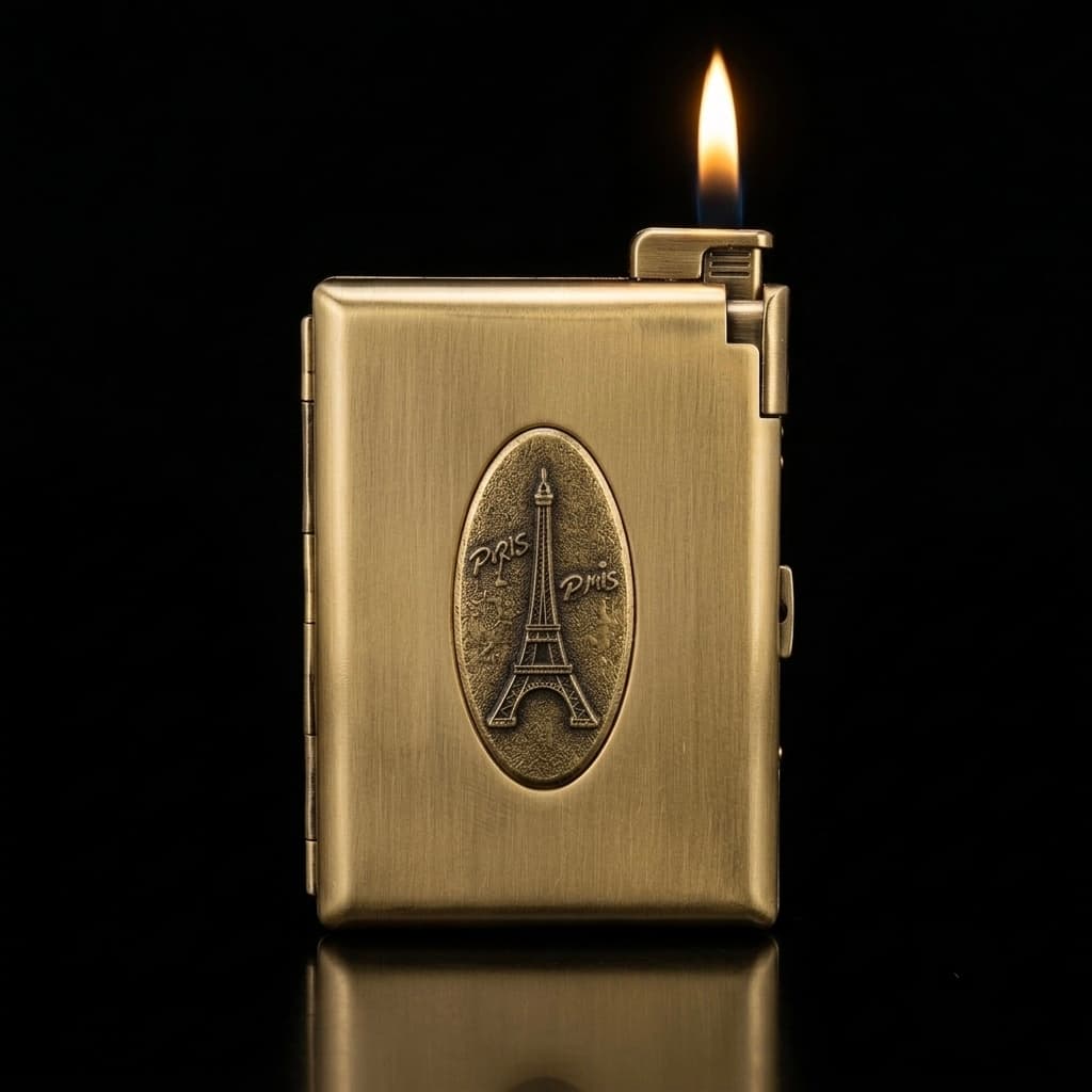 Antique cigarette cigarette case with lighter, Golden, photo 1 of 4