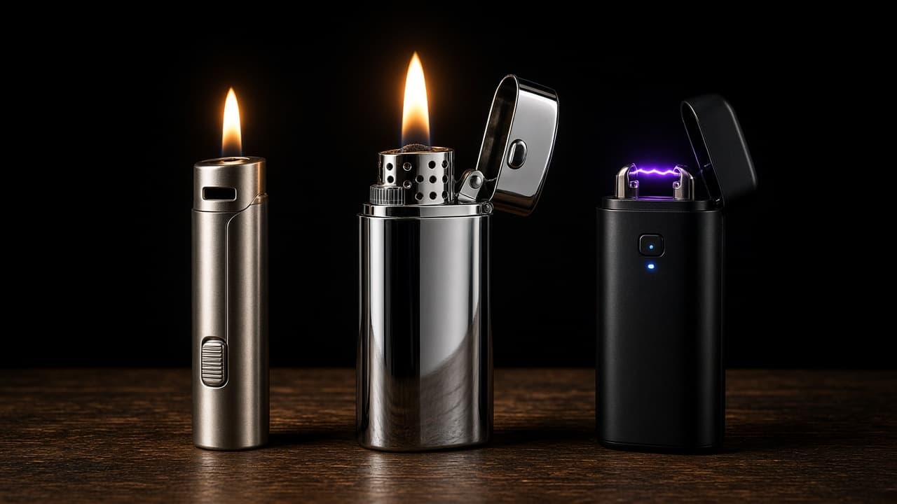 A gas lighter, a fluid flip-top lighter, and a USB rechargeable lighter